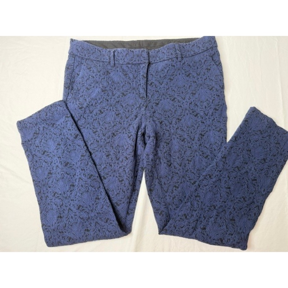 Adrienne Vittadini Blue Black Damask Jacquard Ankle Trousers Pants Women Size 12
